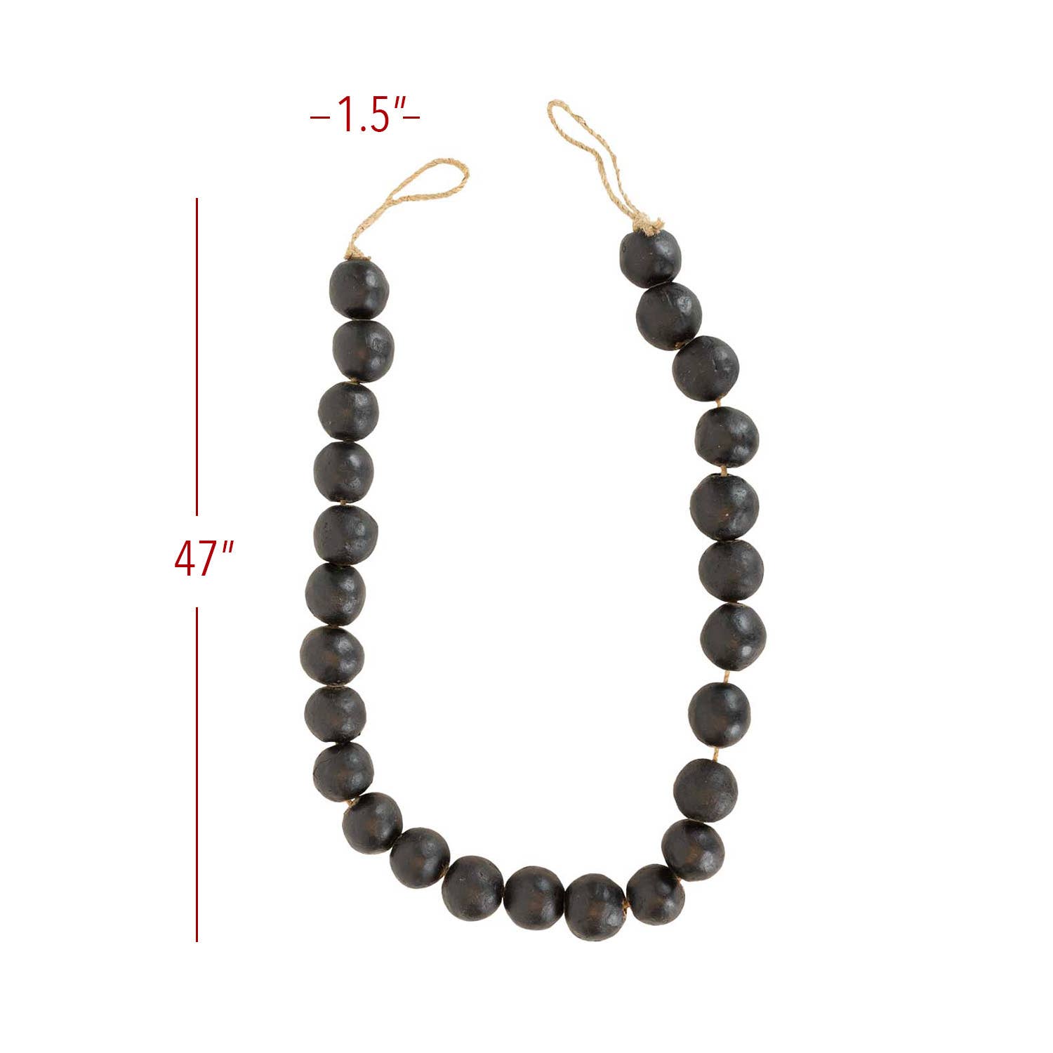 The Black Terracotta Bead + Jute Garland by Foreside Home & Garden features large, round dark beads (1.5" wide) strung on a tan jute cord, forming a 47" loop that adds handmade Indian-inspired decor to any space.