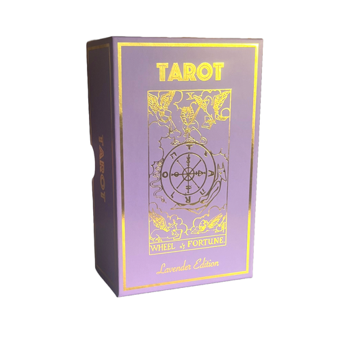The Vieux Monde Lavender Gold Foil Tarot & Guide | Classic Tarot Design features a lavender box with gold accents, ornate wheel art, and TAROT text, inspired by the classic Rider-Waite Tarot.