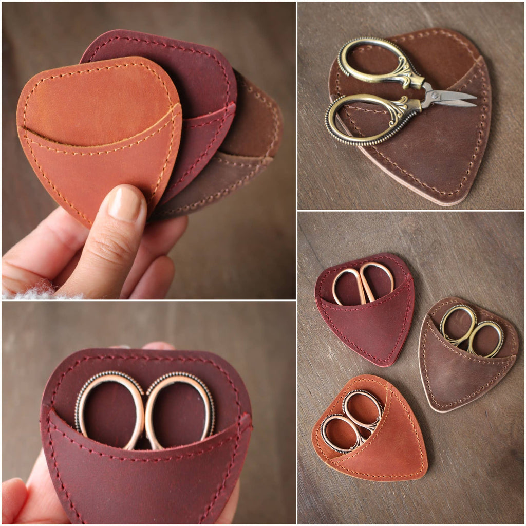 A collage features NNK Press Mini Scissor Keepers: Chestnut—heart-shaped leather holders in brown and reddish tones, shown empty or with embroidery scissors. They're ideal for storing mini bonsai snips in your knitting bag.