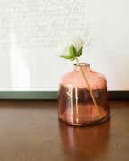 A single white flower with green leaves sits in the Creative Women Bella Handblown Hammered Glass Bud Vase: Blush on a wooden surface before a framed paper with cursive writing.