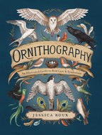 Hardcover book cover for "Ornithography by Jessica Roux" (224 pages, English, Simon & Schuster) features birds, feathers, a nest, and banners on a dark blue background. Subtext: “An Illustrated Guide to Bird Lore & Symbolism.”.