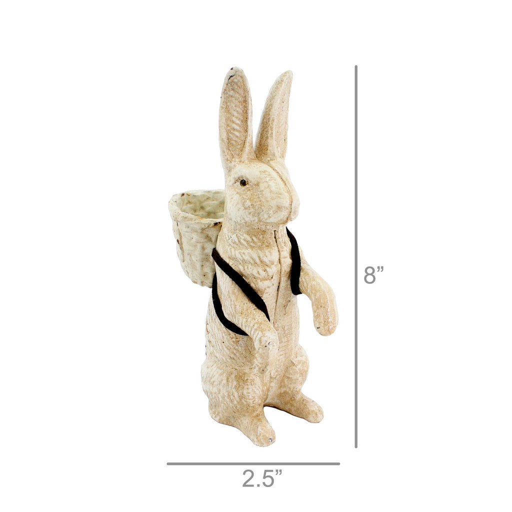 HomArt’s Mr. Hamilton is a hand-painted, antique white cast iron rabbit figurine with a basket and black straps. Standing 8" tall and 2.5" wide, this charming decor piece features labeled measurement lines for reference.