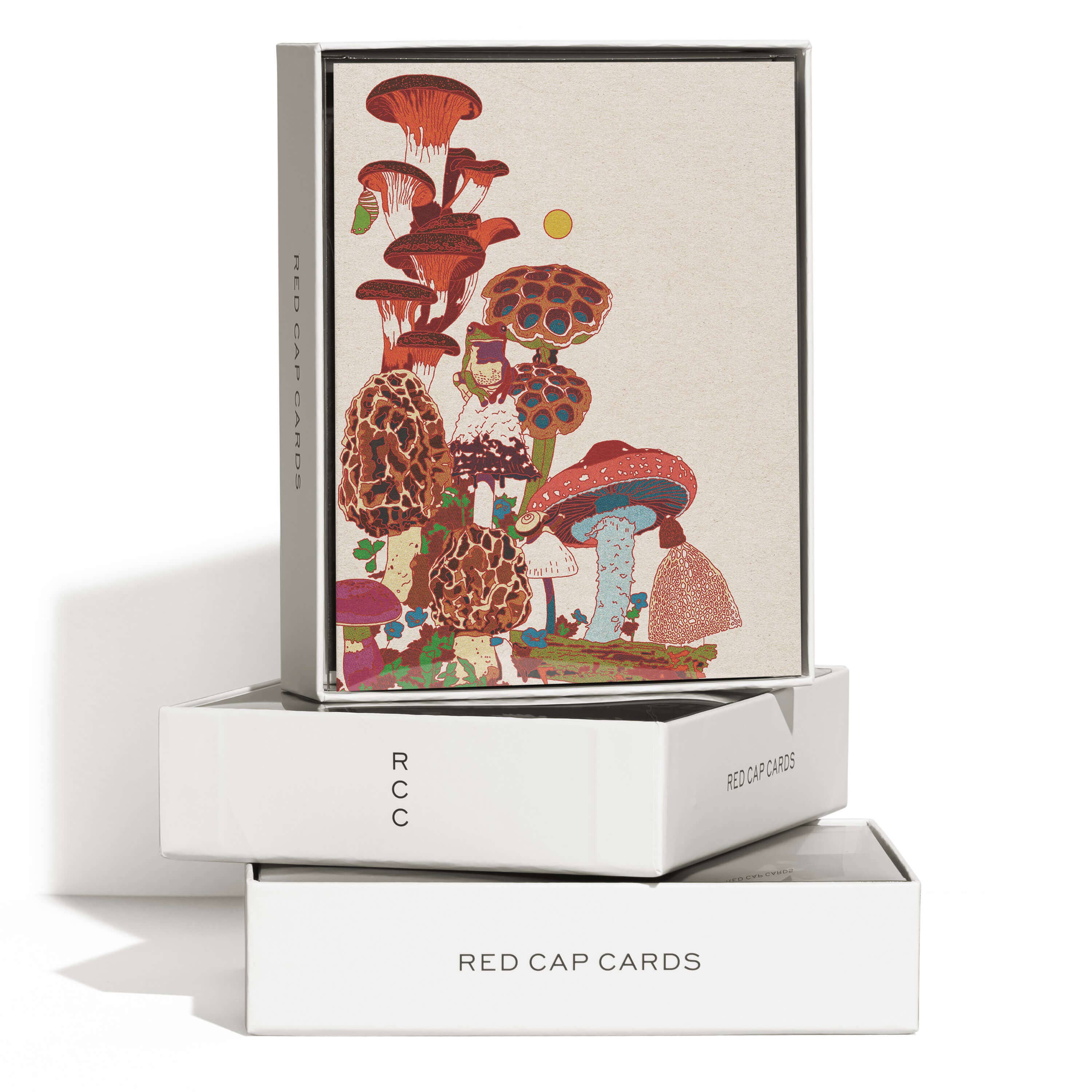 The Frog and Fungi greeting card by Red Cap Cards features whimsical, colorful mushrooms, plants, and a tiny figure. This illustrated card is printed in the USA and showcases a playful nature-inspired design.