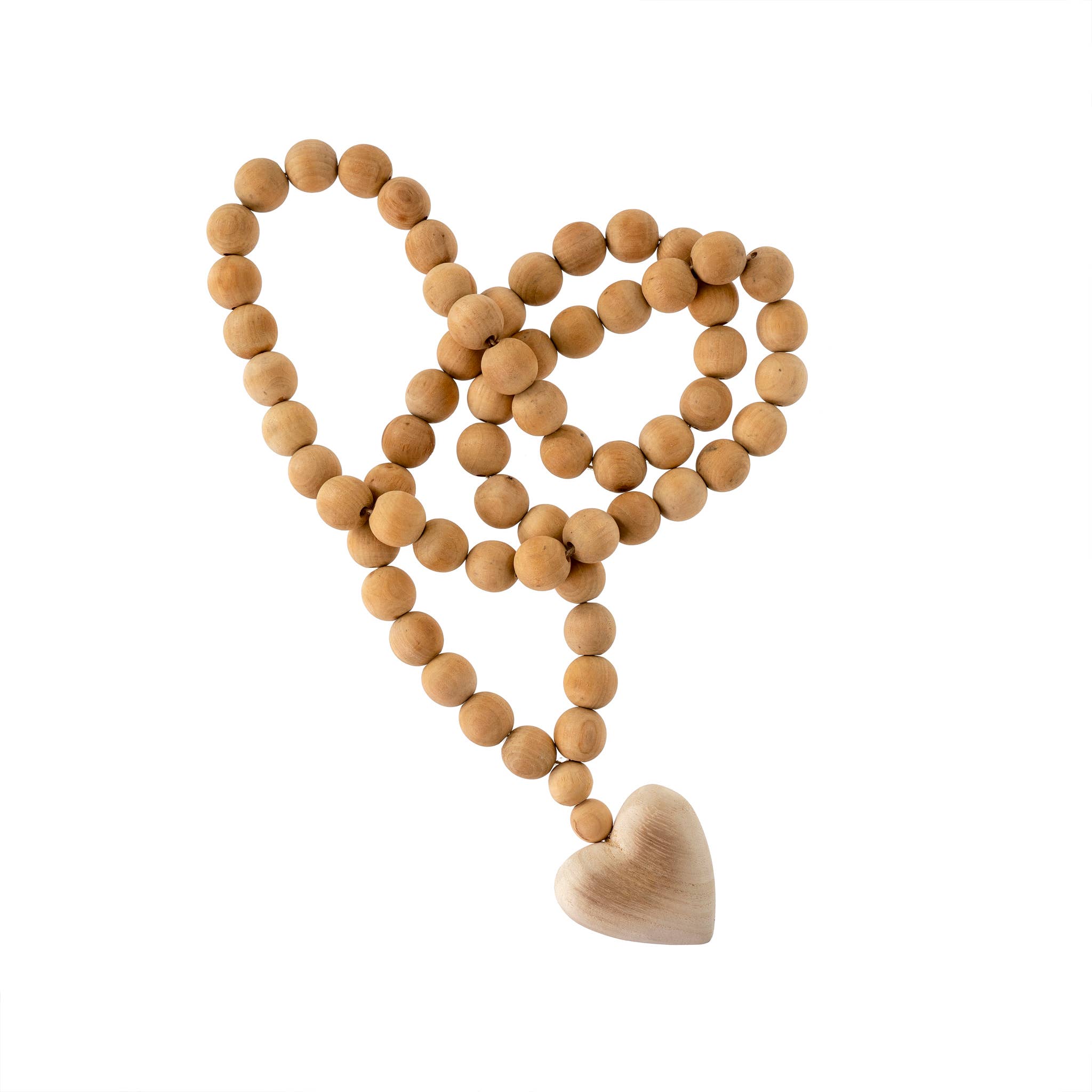 The Indaba Trading Wooden Heart Prayer Beads Large features round wooden beads and a heart-shaped pendant, arranged in a loose loop on a white background—perfect for meditation or as decorative Mala-inspired jewelry.