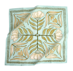 The No. 012 Eliza Bandana by Handker Bandanas features a light blue base with a symmetrical floral design of cream flowers, green leaves, and gold accents on premium cotton, finished with decorative borders.