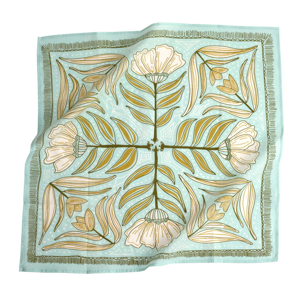 The No. 012 Eliza Bandana by Handker Bandanas features a light blue base with a symmetrical floral design of cream flowers, green leaves, and gold accents on premium cotton, finished with decorative borders.