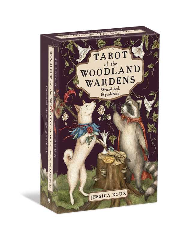 The Tarot of the Woodland Wardens by Jessica Roux (Simon & Schuster) features a beautifully illustrated box depicting an upright dog and a badger encircled by flowers and leaves, with a bird perched on a branch—a gorgeously nature-themed mixed media tarot set with 224 pages, presented in English.