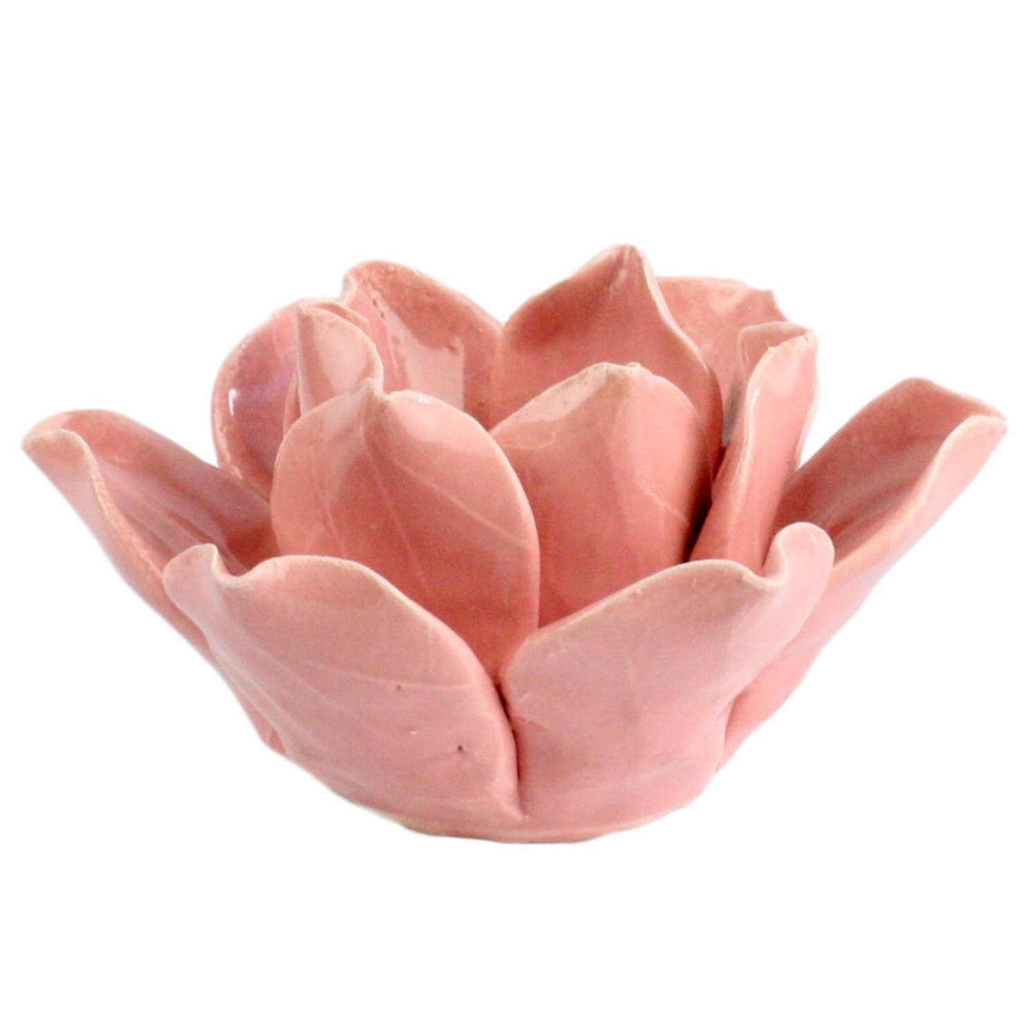 The HomArt Lotus Tea Light Holder - Pink is a hand-crafted ceramic piece shaped like a blooming lotus with smooth, glossy pink petals.