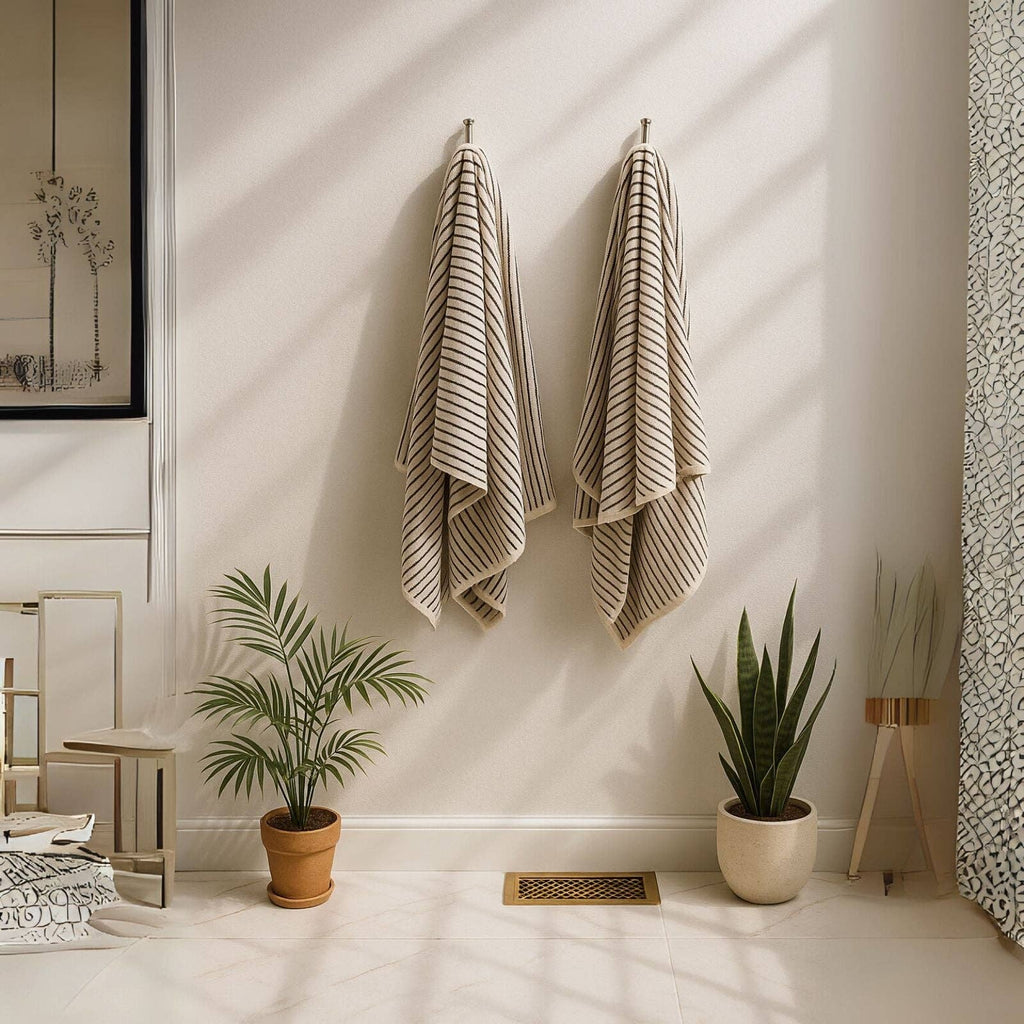 Two Turkish Cotton Striped Terry Bath Sheets by The Loomia hang side by side above an air vent, with two potted plants below—one leafy, one with pointed leaves—as sunlight streams in and casts shadows in the minimalist room.