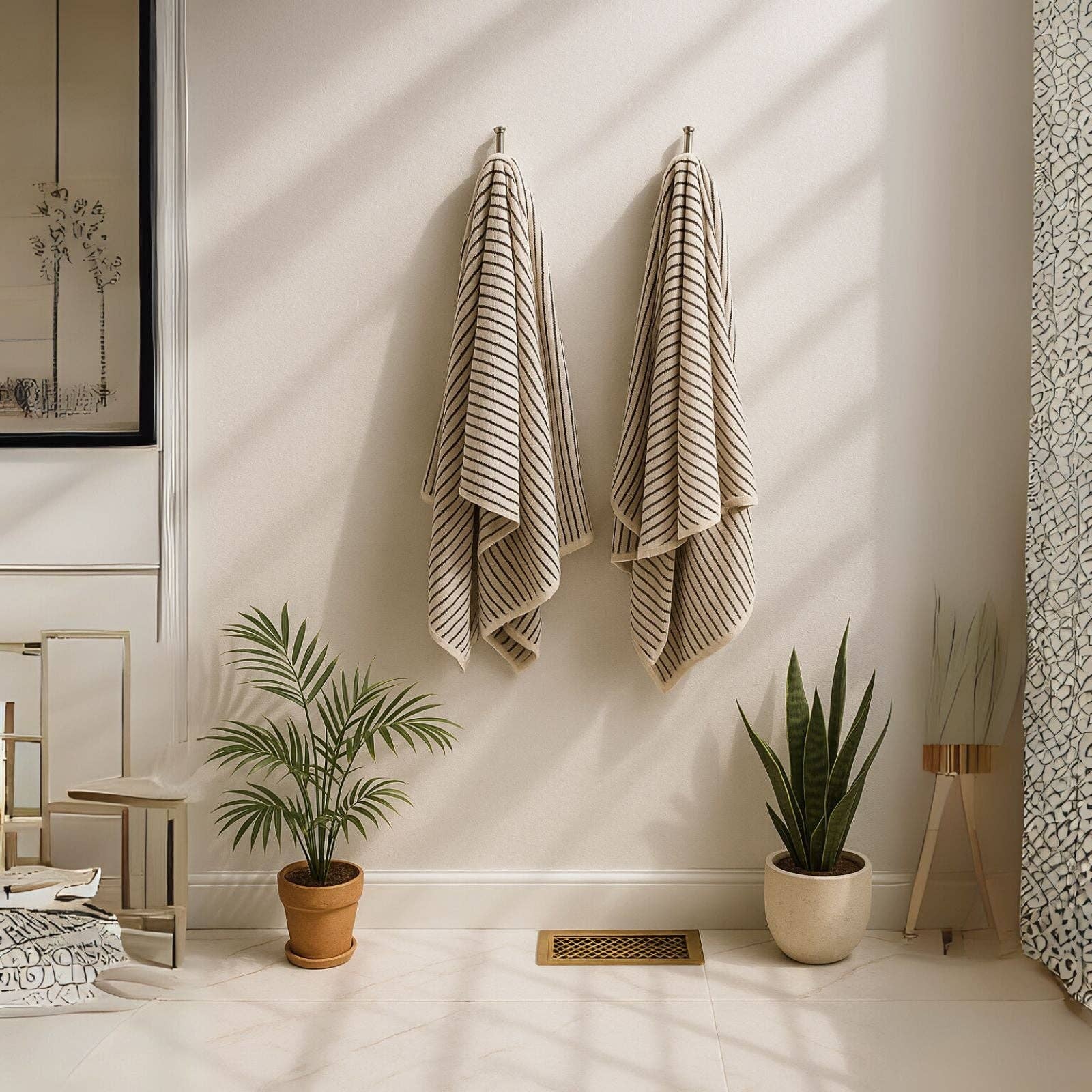 Two Turkish Cotton Striped Terry Bath Sheets by The Loomia hang side by side above an air vent, with two potted plants below—one leafy, one with pointed leaves—as sunlight streams in and casts shadows in the minimalist room.