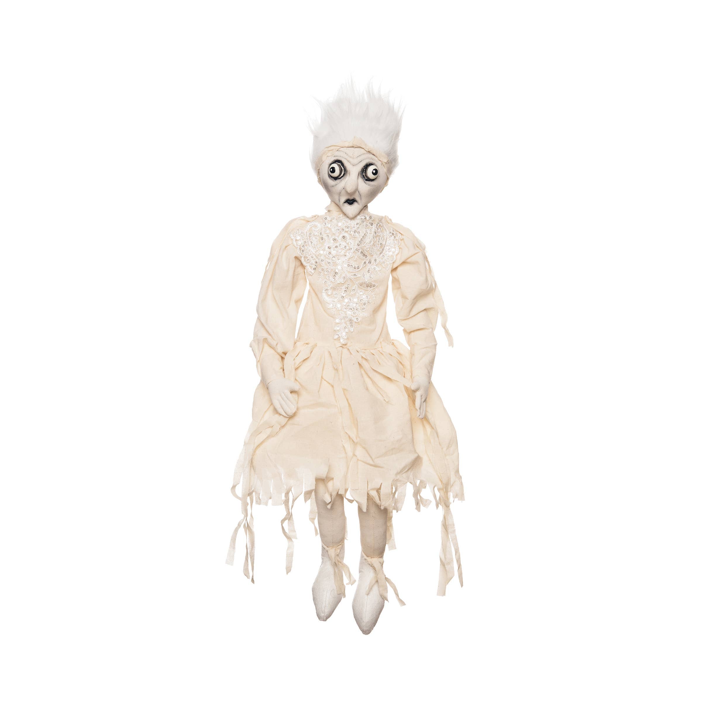 The Gert Ghost Gathered Traditions Art Doll by C&F Home features wide black-and-white spiral eyes, wild white hair, and a tattered off-white dress. This handcrafted doll sits upright against a plain white background with an eerie appearance.