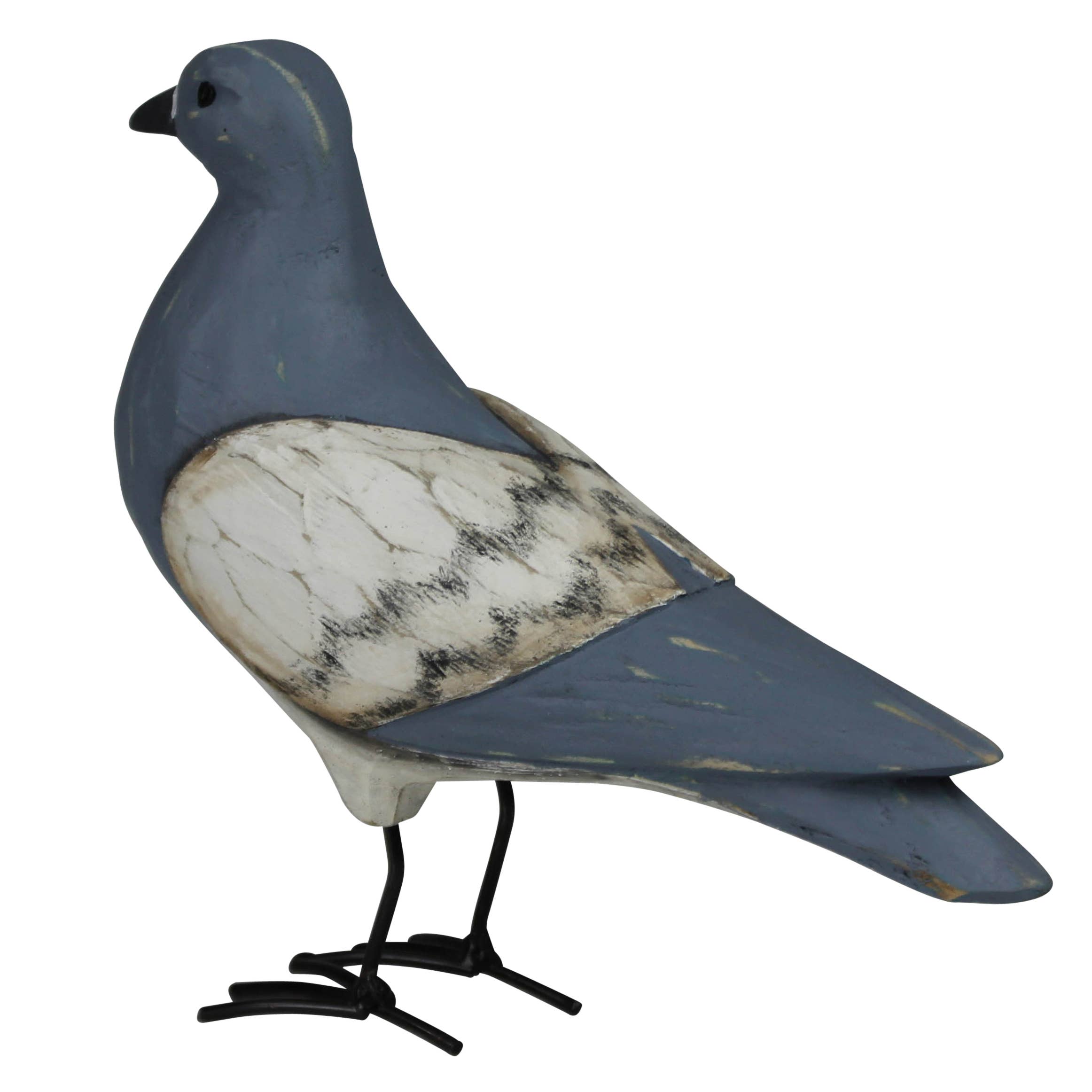 The HomArt Pigeon, Wood is a hand-painted figurine with a blue-gray body, white and gray wings, black eyes, and thin black metal legs—ideal for adding nature-inspired charm to your home decor.