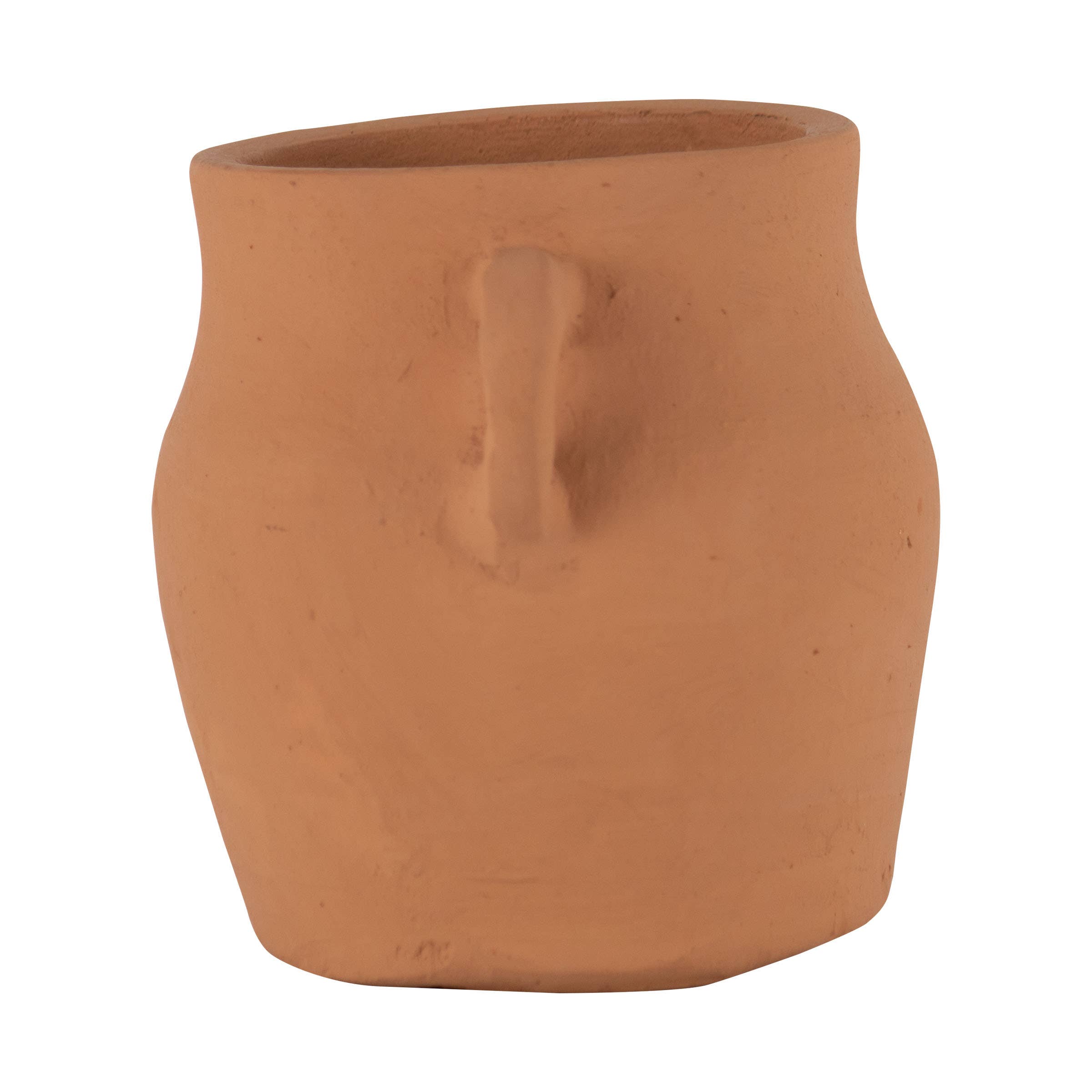 The Foreside Home & Garden Natural Hand Thrown Terracotta Vase with Handles features a rounded body, narrow opening, and a single small side handle, displayed on a white background.