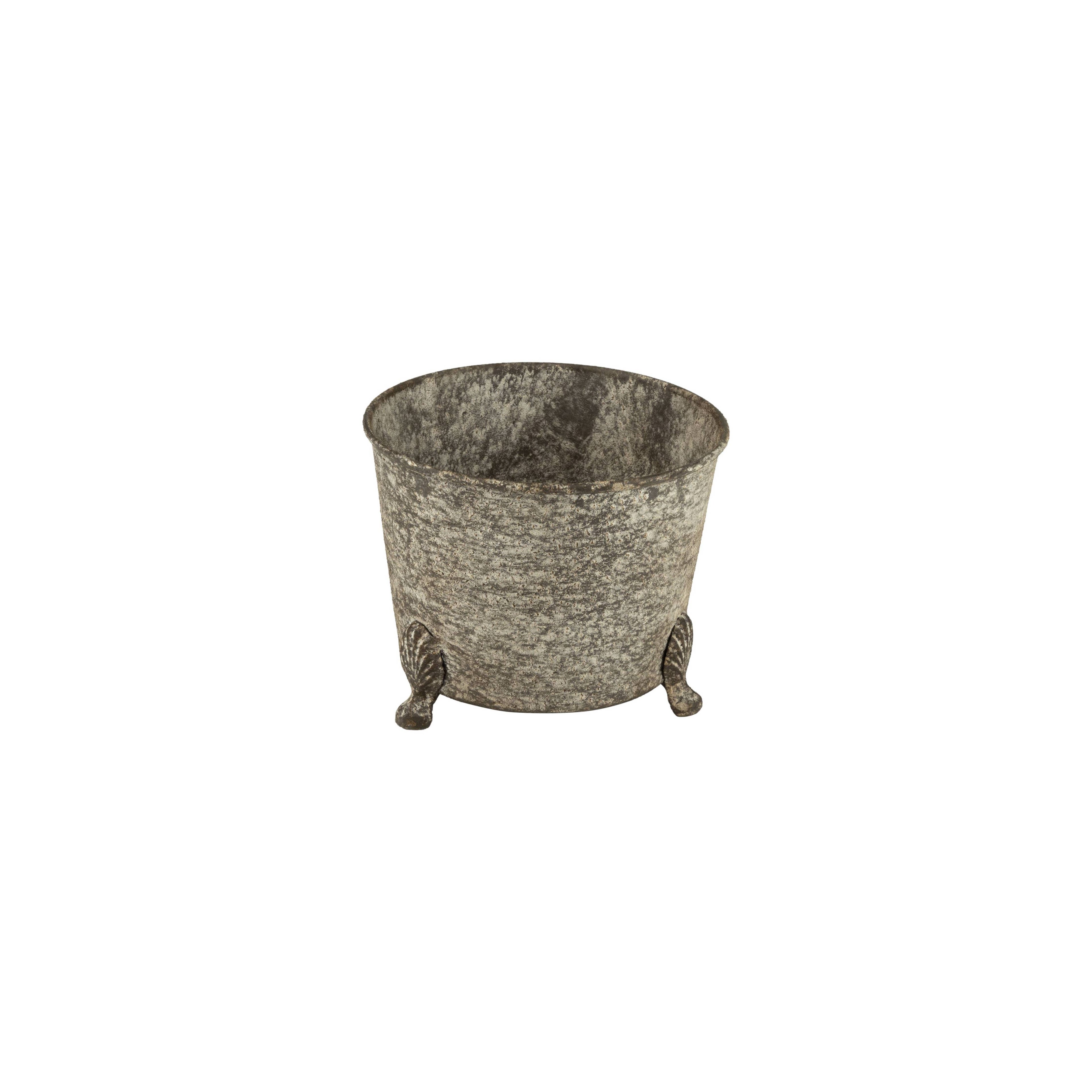 The Silver Tree Home & Holiday A00558 is a 5.5in round metal planter with an antique galvanized finish, gray textured sides, and three short decorative cast iron feet, shown on a white background.