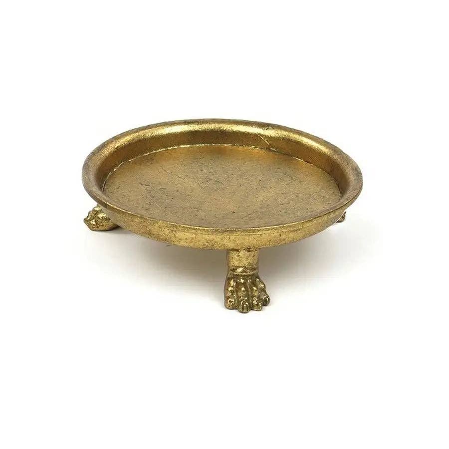 The Small Claw Foot Round Dish with Gold Leaf: Large by Vagabond Vintage is a round, shallow dish with raised edges and three animal paw feet, shown against a white background.