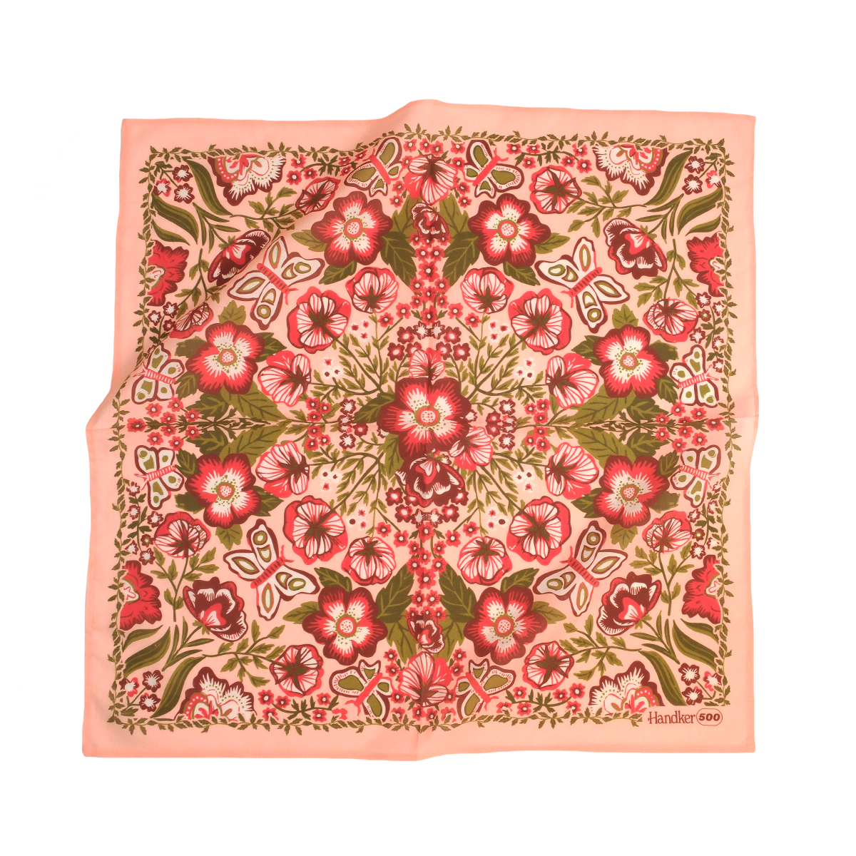 The No. 500 Sylvia Bandana by Handker Bandanas is a 22x22 inch square silk scarf, featuring a pink border and vibrant red, pink, and green floral pattern with symmetrical flowers and leaves. "Handker Bandanas" accents the lower right corner.