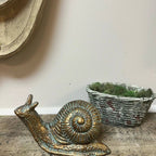 The Vagabond Vintage CAST IRON SNAIL STATUE in gold adds a charming accent to your home decor, displayed on a wooden surface next to a white woven basket with moss against a light beige wall.