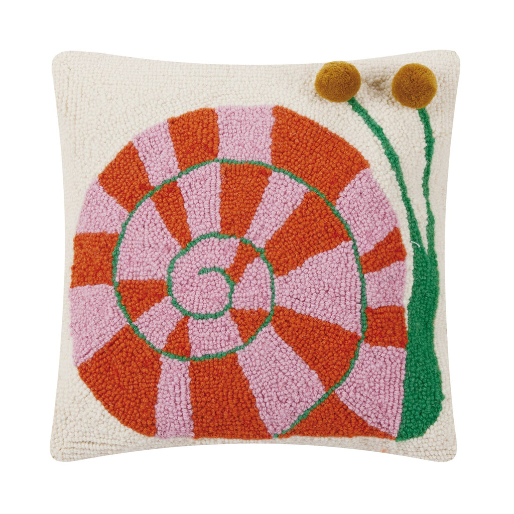 The Snail's Pace w/Pom Pom Eyes Hook Pillow by Peking Handicraft features a cream wool square with a colorful snail—pink and orange spiral shell, green body, and two yellow pom-poms for eyes—designed by Elizabeth Olwen.
