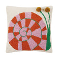 The Snail's Pace w/Pom Pom Eyes Hook Pillow by Peking Handicraft features a cream wool square with a colorful snail—pink and orange spiral shell, green body, and two yellow pom-poms for eyes—designed by Elizabeth Olwen.