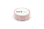 A roll of mt Washi Tape: Pastel Scarlet, wrapped in clear plastic, featuring a round label on top with mt and product text printed in black.
