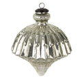 The Giant Glass Onion Bauble by Indaba Trading is a vintage-style, oversized ornament made from recycled glass, featuring a ridged teardrop shape, silver finish, and decorative metal cap with hanging loop.