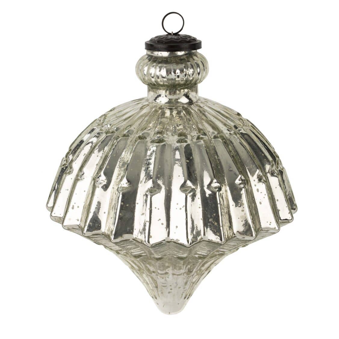 The Giant Glass Onion Bauble by Indaba Trading is a vintage-style, oversized ornament made from recycled glass, featuring a ridged teardrop shape, silver finish, and decorative metal cap with hanging loop.