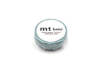 A roll of mt masking tape in Matte Smoky Mint wrapped in clear plastic.