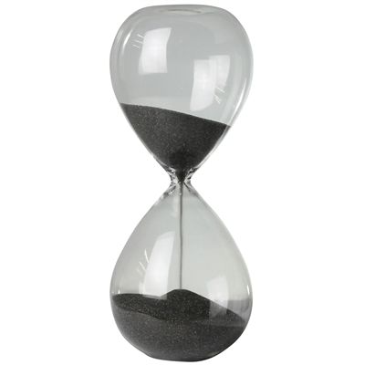 The HomArt Hour Glass - 5 minutes features clear glass and grey sand, offering an elegant way to track five minutes as sand flows from the top to the bottom chamber.