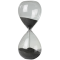 The HomArt Hour Glass - 5 minutes features clear glass and grey sand, offering an elegant way to track five minutes as sand flows from the top to the bottom chamber.
