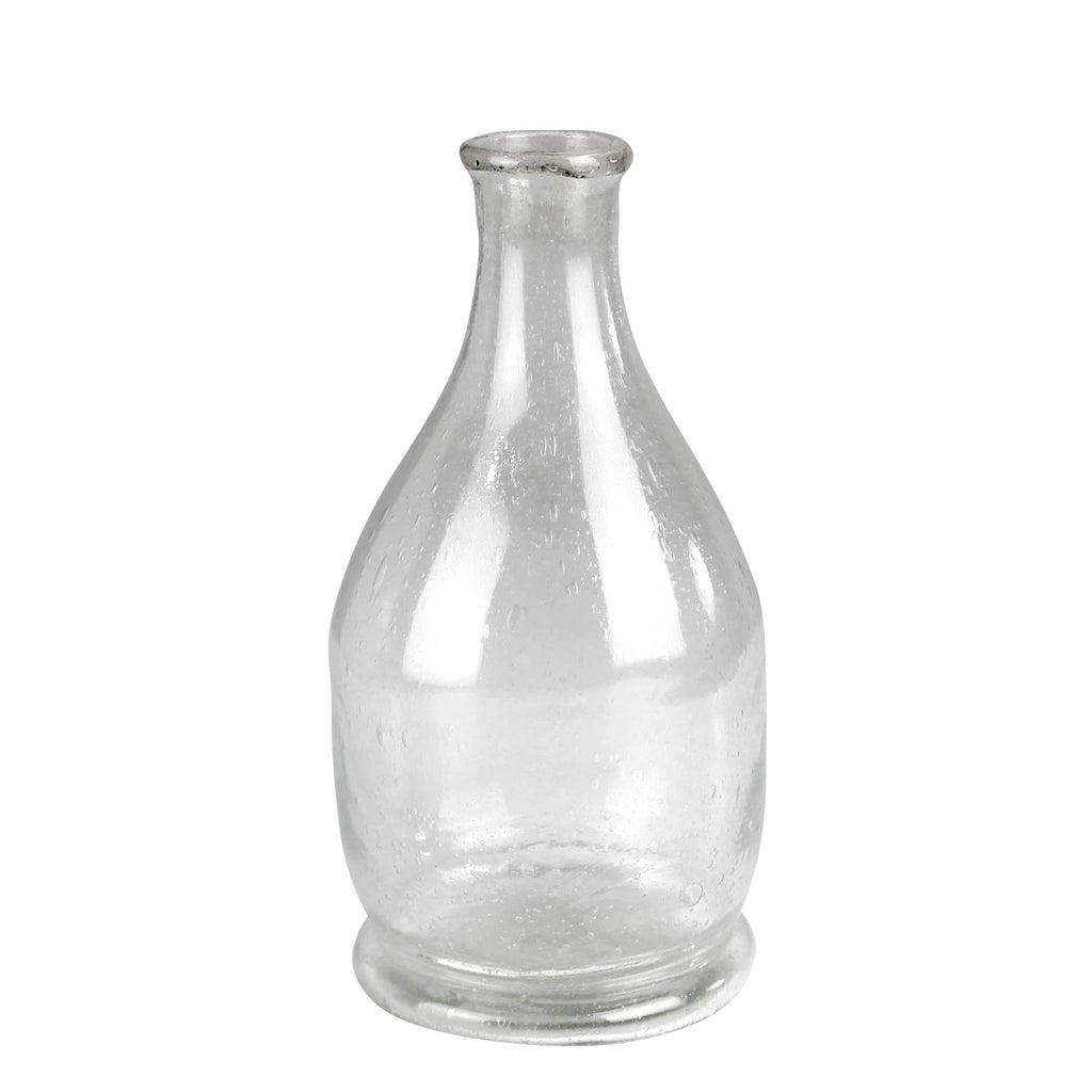 HomArt's Peppered Glass Bottles, Set of 2, feature clear seeded glass with a narrow neck and round base, standing upright against a white background—an eye-catching addition to your decor.