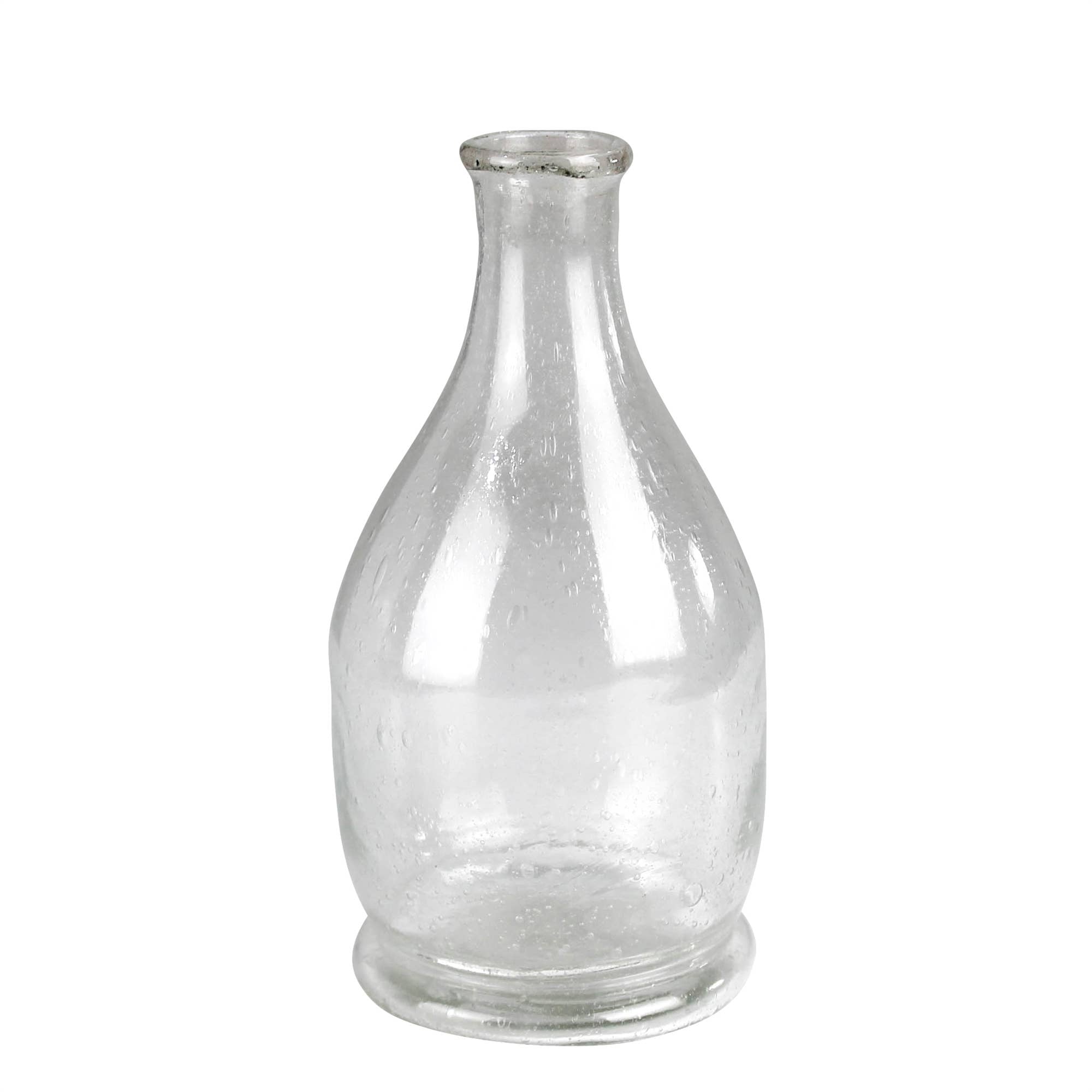 HomArt's Peppered Glass Bottles, Set of 2, feature clear seeded glass with a narrow neck and round base, standing upright against a white background—an eye-catching addition to your decor.