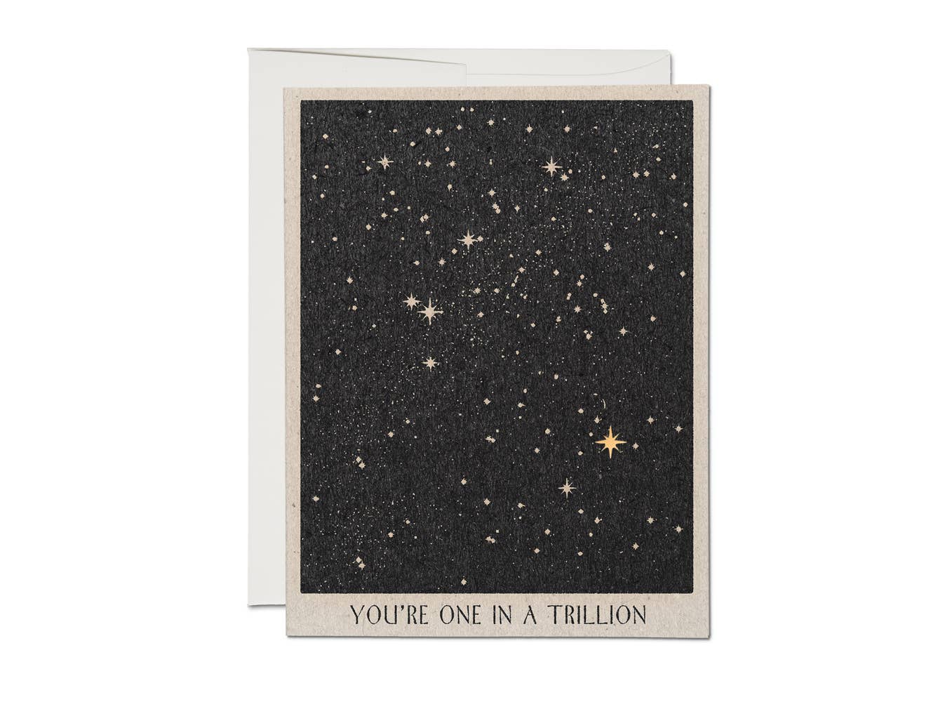 The One in a Trillion greeting card by Red Cap Cards features a starry night sky on heavyweight cardstock with “YOU’RE ONE IN A TRILLION” on the front. Includes an envelope.
