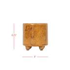 The Foreside Home & Garden Glossy Brown Ceramic Planter Pot is a small, cylindrical planter with a brown reactive glaze and three feet, measuring 4.25" tall by 4" wide, shown with red lines indicating its dimensions.
