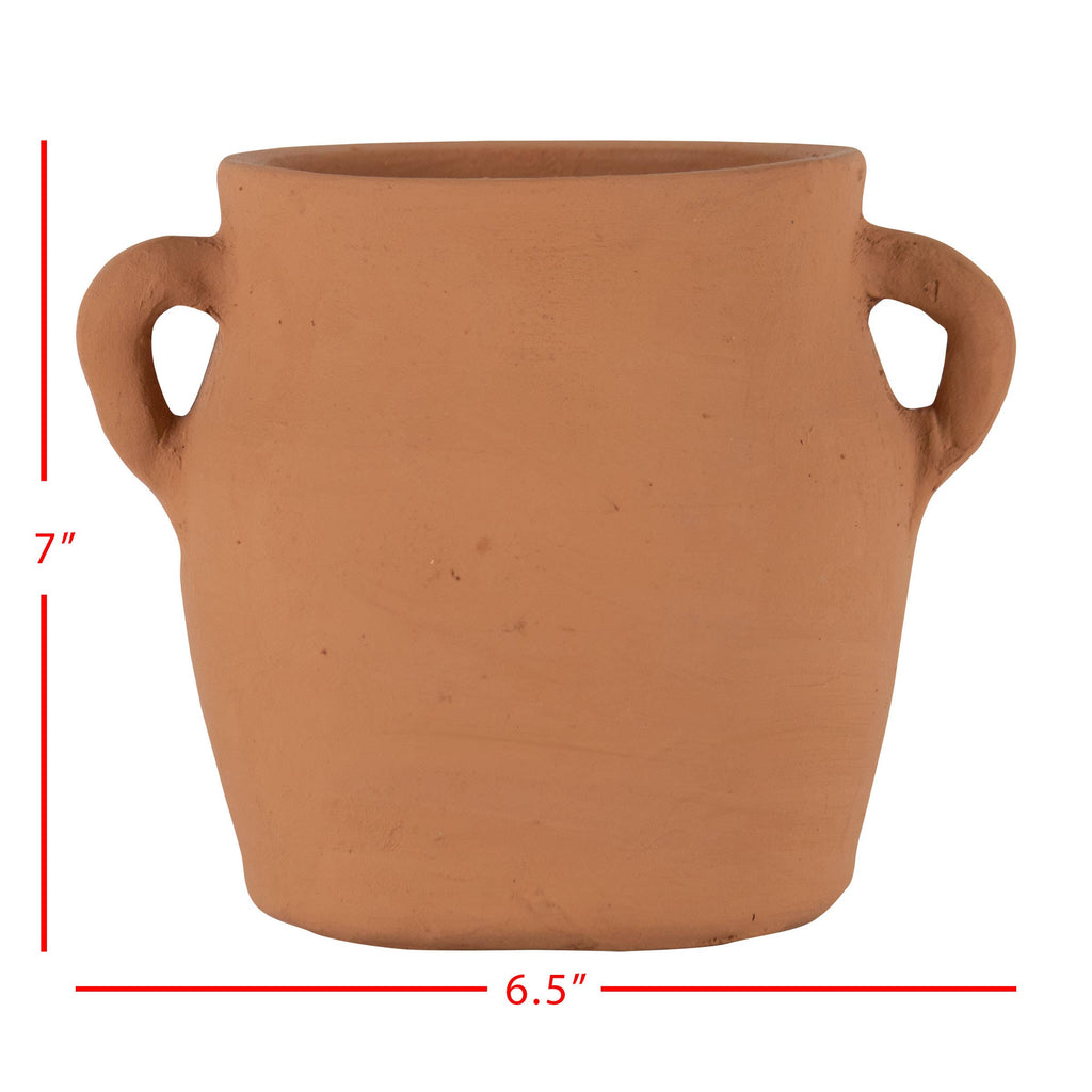 The Foreside Home & Garden Natural Hand Thrown Terracotta Vase with Handles is a 7"H x 6.5"W all-natural pot, featuring two side handles and shown against a plain white background with red measurement lines.