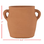 The Foreside Home & Garden Natural Hand Thrown Terracotta Vase with Handles is a 7"H x 6.5"W all-natural pot, featuring two side handles and shown against a plain white background with red measurement lines.