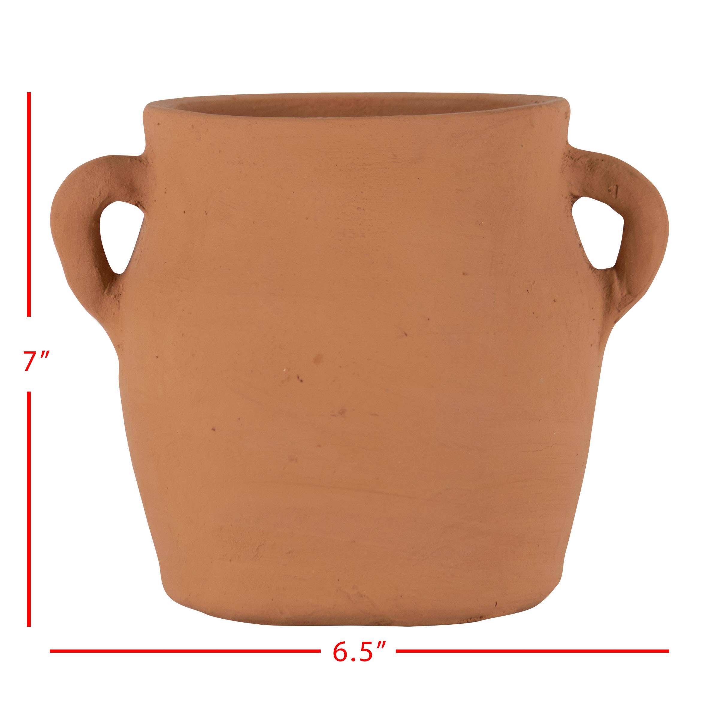 The Foreside Home & Garden Natural Hand Thrown Terracotta Vase with Handles is a 7"H x 6.5"W all-natural pot, featuring two side handles and shown against a plain white background with red measurement lines.