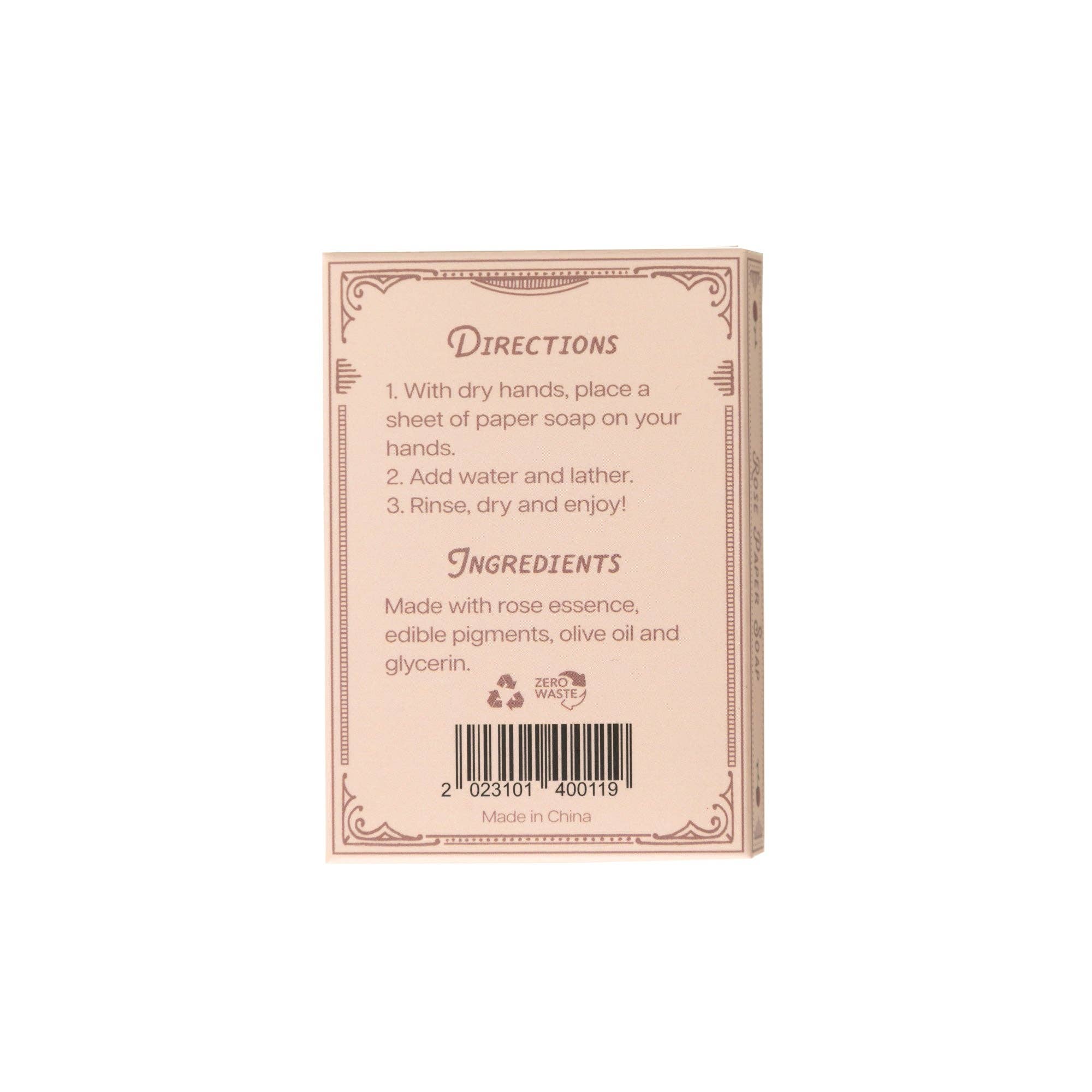 The image shows the back of a pink 123 Farm Paper Soap – Rose Scent, Travel Size, 50 Sheets box. Directions: place one eco-friendly handwashing sheet on your hands, add water, lather, rinse, and dry. Contains rose essence and olive oil.