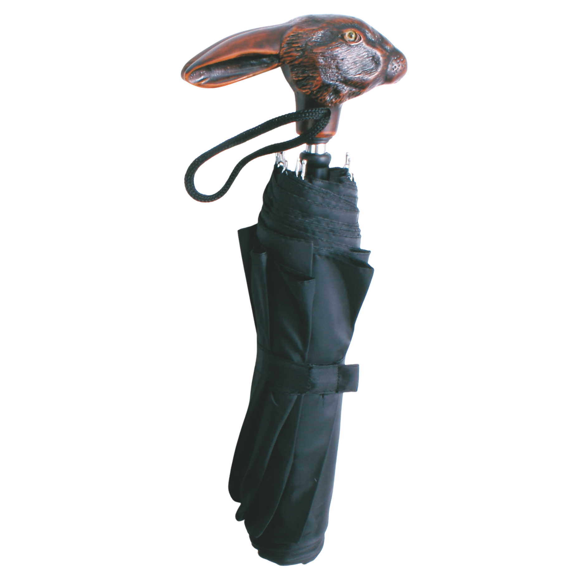 The Harvy Canes Mini Folding Umbrella: Jack features a compact black canopy and a handle shaped like a brown rabbit's head with detailed ears and facial features—a stylish travel accessory for unique protection.