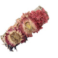 The Benjamin International WHITE SAGE/FLOWERS - CLEANSING stick is 4 inches long, wrapped in beige twine and decorated with dried pink and purple flowers, including large daisy-like blossoms, set against a white background.