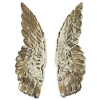 Vagabond Vintage Hand Carved Wooden Wall Mount Wings feature detailed feather textures and a distressed gold and white finish, offering antique charm as perfect wall decor.