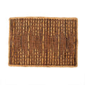 The Waverly Rug, Brown - 2x3 by Indaba Trading features a handwoven rectangular design with a brown base, tan border, and vertical tan and yellow stripes, adding eclectic charm to any space. Shown on a white background.