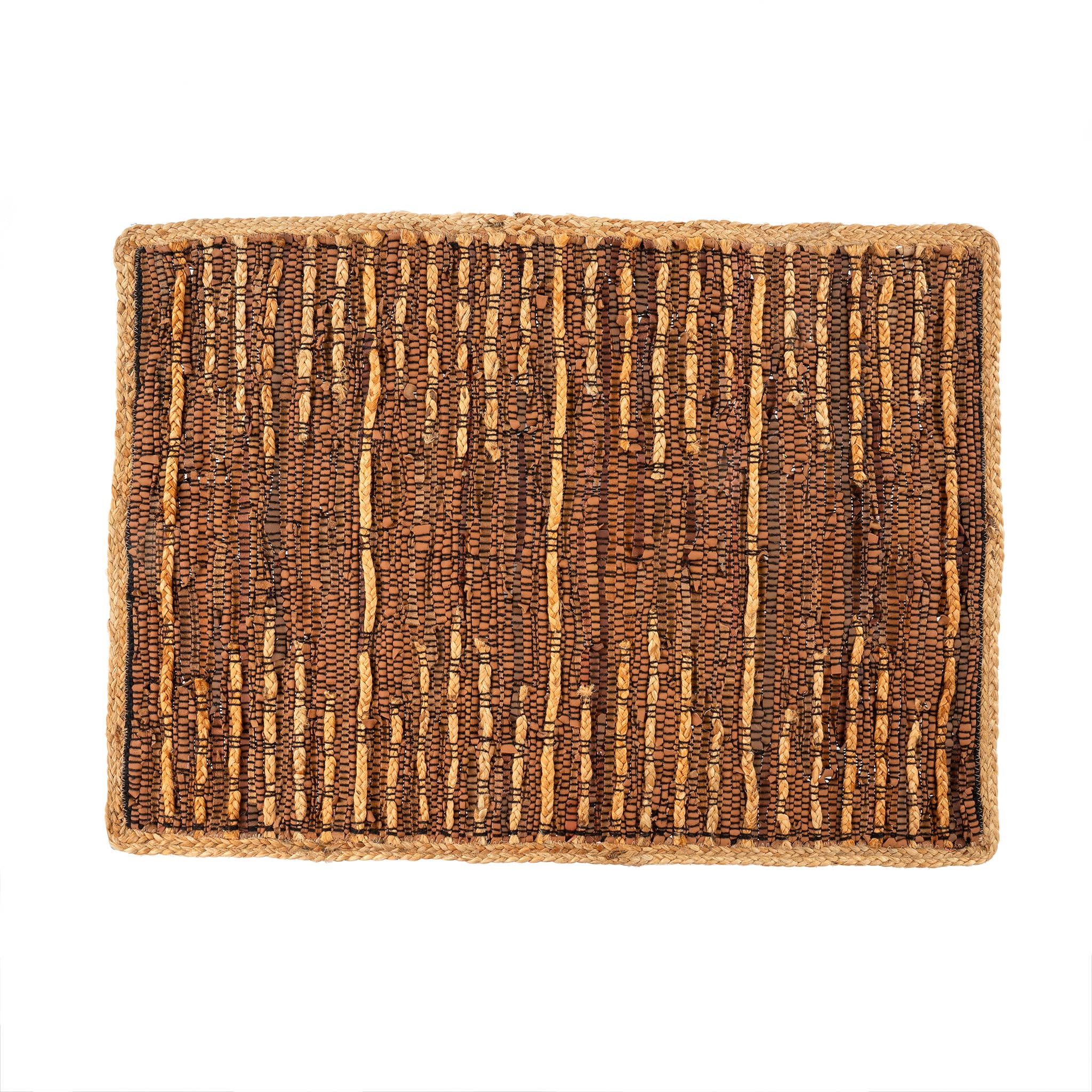 The Waverly Rug, Brown - 2x3 by Indaba Trading features a handwoven rectangular design with a brown base, tan border, and vertical tan and yellow stripes, adding eclectic charm to any space. Shown on a white background.