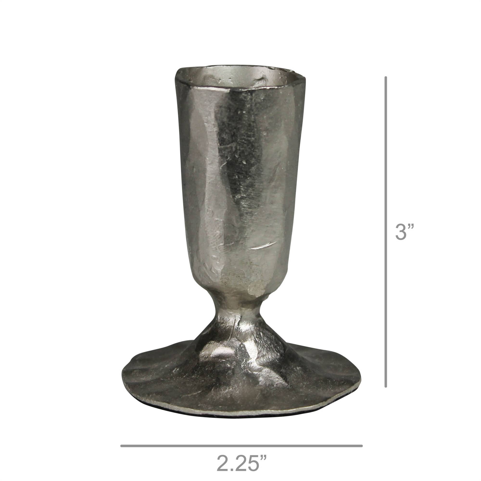 The Jon Candlestick by HomArt is a handcrafted, nickel-plated metal holder with a hammered texture. Silver-toned, it stands 3" tall and 2.25" wide at the base, featuring an artisanal, irregular look.