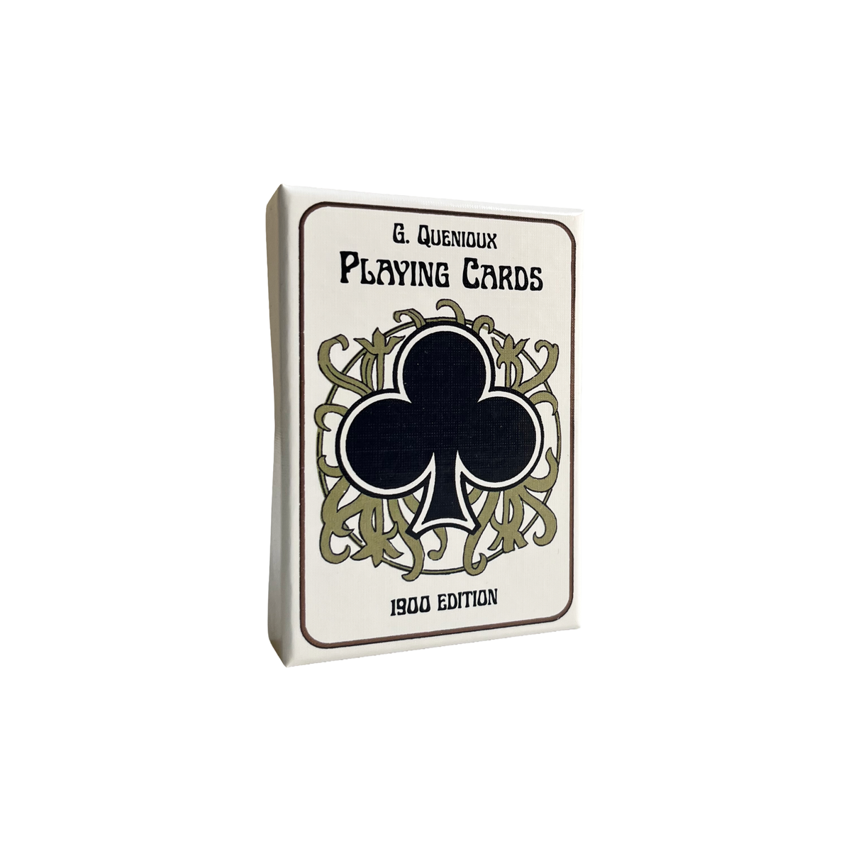 A box of Vieux Monde G. Quenioux Playing Cards - 1900 Paris Exposition Facsimile, featuring a bold black club and ornate Belle Époque Paris-inspired design on a white package.