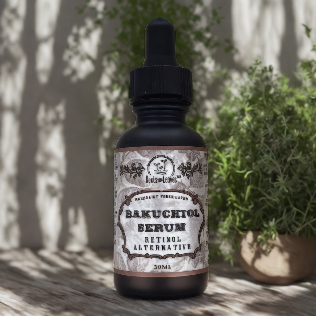 A 30ml Roots And Leaves Bakuchiol Serum - All Natural Retinol Alternative dropper bottle rests among green plants, sunlight highlighting this gentle, anti-aging skincare solution.