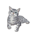 The Gray Tabby Cat Iron on Patch by Wholesale Applique features a lying gray tabby kitten with green eyes, perfect for customizing jackets or bags. Ideal for cat lovers and pet-themed projects.