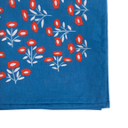 The No. 075 Juliet Bandana by Handker Bandanas features red floral hand screen-printing on premium blue cotton, measuring 22x22 inches.