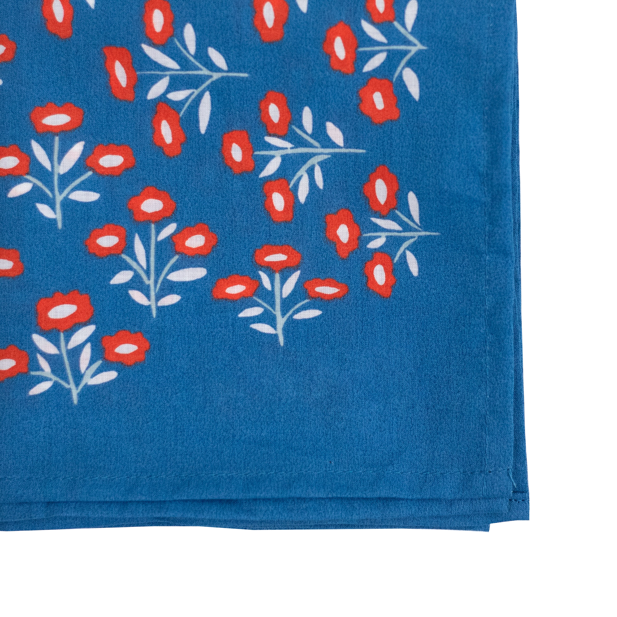The No. 075 Juliet Bandana by Handker Bandanas features red floral hand screen-printing on premium blue cotton, measuring 22x22 inches.