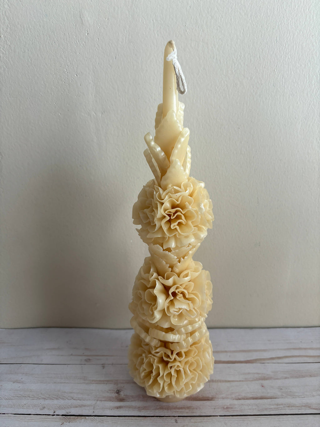 Ivory Large Floral Oaxaca Marigold Day of the Dead Candle handmade in ivory with three tiers of sculpted floral petals.