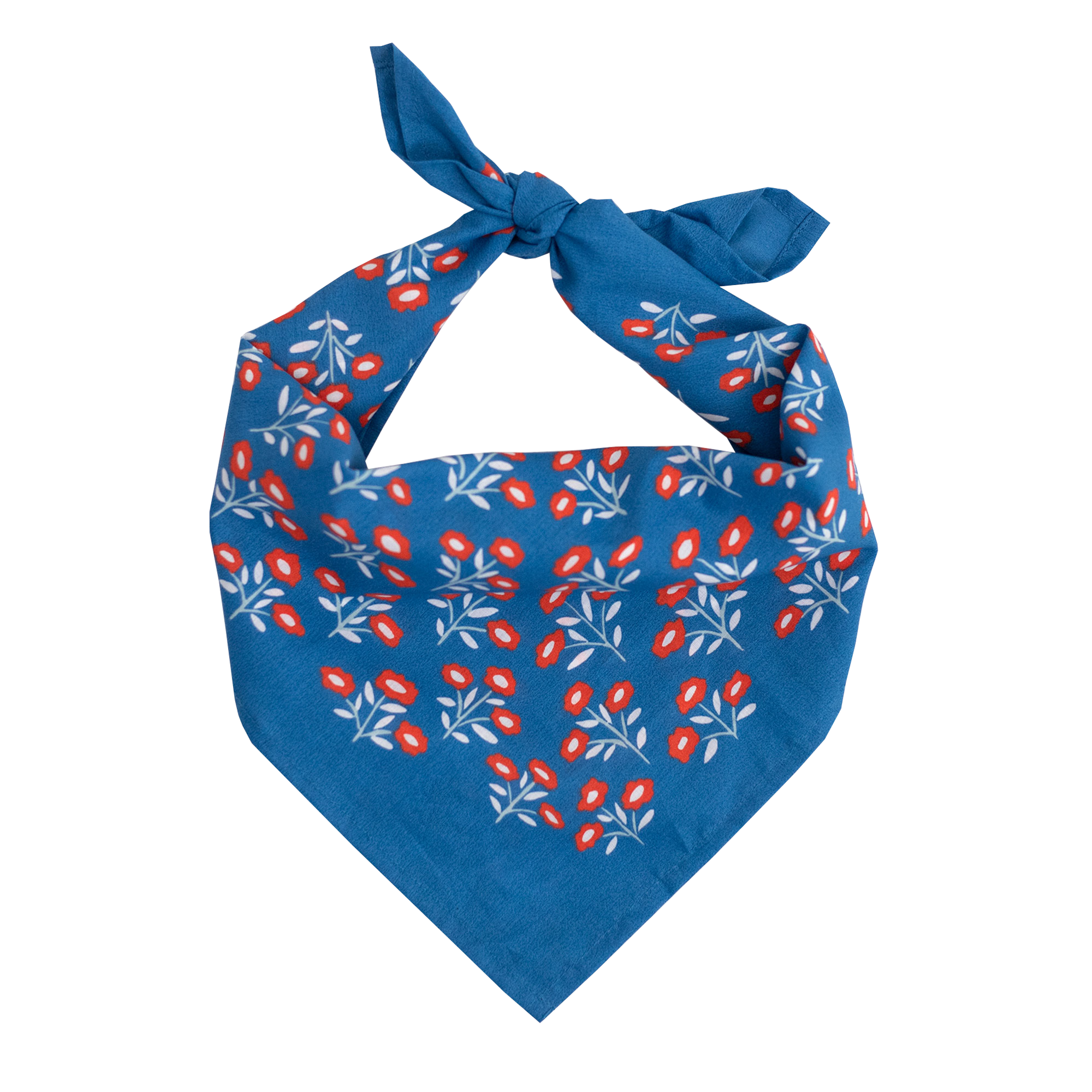The No. 075 Juliet Bandana by Handker Bandanas is a premium blue cotton bandana featuring a white and red floral pattern, hand screen-printed, folded into a triangle, tied at the top, and measuring 22x22 inches on a plain white background.